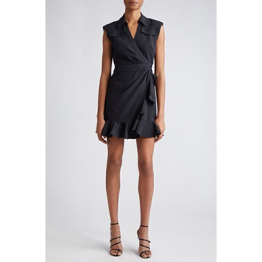 Cinq à Sept Women's Black Zenni Ruffle Sleeveless Wrap Dress Size 16 NWOT